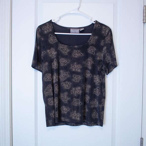 Romantic goth black tee with soft gold floral rose print stretch knit feel VTG L - Picture 1 of 5